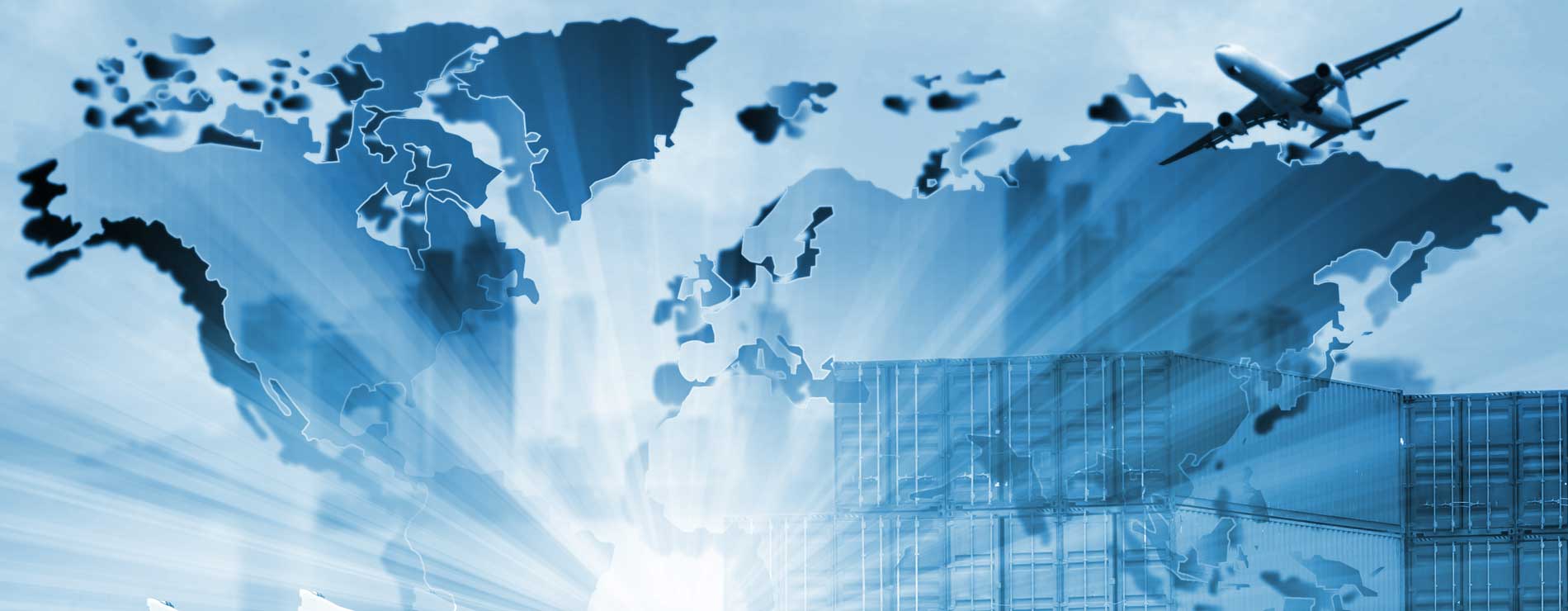 A graphic overlaying images of a world map, an airplane, and cargo containers